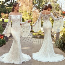 2021 New Wedding Dresses Long Sleeves Lace Appliques Mermaid Bridal Gowns Custom Made Button Back Sweep Train Modern Wedding Dress