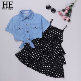 HE Hello Enjoy Girls Clothes Sets 2020 Summer Teenagers Dot Sling Princess Dress +Denim Blouse 2pc Kids Big Girl Dresses 4 10 12 LJ200916