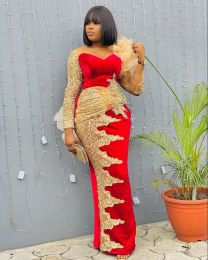 2022 Red Aso Ebi Evening Dresses Long Sleeves Sheer Neck Gold Lace Appliques Plus Size Special Occasion Prom Party Gowns Vestidos De Novia CG001