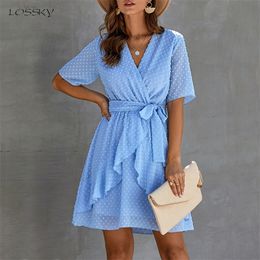 Women Dress Casual Ruffle Bow Lacing-Up Black Summer Sundresses Fitted Everyday Mini Short Clothing High Waist Red Yellow T200620