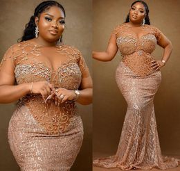 Plus Size Arabic Aso Ebi Gold Sparkly Mermaid Prom Dresses Beaded Crystals Sexy Evening Formal Party Second Reception Birthday Gowns Dress Zj341 407