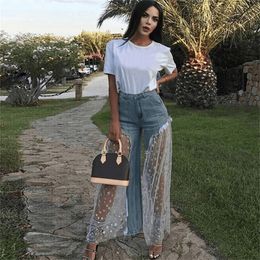 Sexy Women Wide Leg Pants Sheer Mesh Star Print Splice Denim Pants High Waist Casual Loose Pants Jeans Fashion Party Trousers 201223