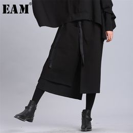 [EAM] 2020 New Spring Summer High Elastic Waist Black Ribbon Split Joint Loose Half-body Skirt Women Fashion Tide JL2330 T200712