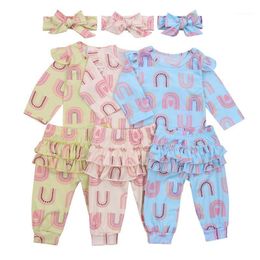 Cathery 3pcs Clothes Set Baby Girl Romper Pants Suit Long Sleeve Shirt Ruffle Hem Skirt Rainbow Printed Loose Trousers +Headband1