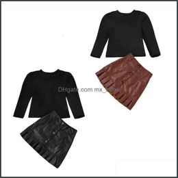 Clothing Sets Baby & Kids Baby, Maternity S Fashion Girl Solid Knitted Top Long Sleeve Sweater Button Pu A-Line Skirt 2Pcs Black Brown Drop