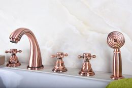 Antique Red Copper Brass Widespread 5 Hole Bathroom Roman Tub Bath Faucet with Telephone Style Hand Held Shower Head atf1821