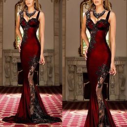 mermaid prom dresses burgundy sweetheart neckline lace appliques beading sequins flowers velvet evening gowns long evening dress