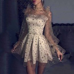 Shinny Glitter Tulle Cocktail Dress Long Sleeves Satin Homecoming Gowns Jewel Neck Girls Short Prom Gowns