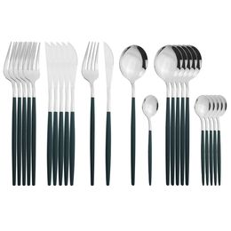 24Pcs Green Silver Cutlery Stainless Steel Dinnerware Knife Forks Coffee Spoon Flatware Kitchen Dinner Tableware Set 201116