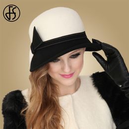 FS Wide Brim White Wool Hats Bow Bowler Fedora Hat For Women Chapeau Femme Feutre Winter Cloche Ladies Church Felt Fedoras Caps Y200102