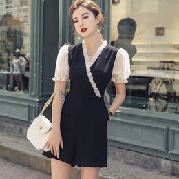 Summer Jumpsuit Playsuit Women Kimono Style Patchwork V-neck Ruffles Back Zipper Lantern Sleeve Wide Leg Overalls Rompers S94793 T200704