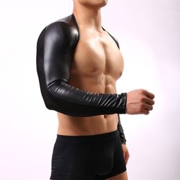 Man T Shirts Black Faux Leather Mesh Men Funny Crop Tops/Gay Sexy Nylon Spandex Long Sleeves Wrestling Shirts 201203