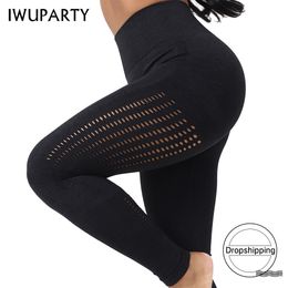 IWUPARTY Black Hollow Out Seamless Leggings Outfits High Waist Yoga Pants Workout Running Legging Gym Fitness Clothing Tights 201014