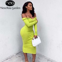 NewAsia Women Autumn Dress Long Sleeve Cotton Ribbed Maxi Dresses Deep V-neck Off Shoulder Midi Bodycon Dress Knitted Robe T200320