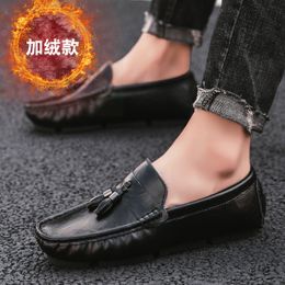 Man Winter Plush Keeping Warm Casual Shoe Two Types Fashion Cold-proof Leather Loafer Moccasins Male Slip-on Comfy Driving Shoes