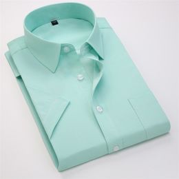 Summer business work shirt square collar short sleeved plus size S to 7xl solid twill striped formal men dress shirts no fade LJ200925