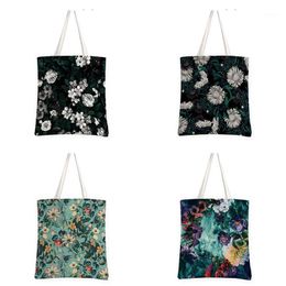 Storage Bags Black Flower Print Female Shopping Canvas Bag Tote Casual Large-capacity Women Travel Shoulder Eco Reusable Handbag