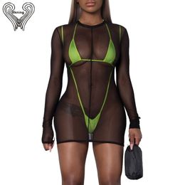 Sexy Swimsuit Tanga Thong Bikini Neon Monokini One-piece Swimming Suit for Women Micro Swim Suits Top + Bottom + Mesh Coverup T200708