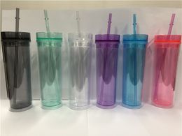 Envoi aux États-Unis! BPA Free 16 oz acrylique claire des gobelets transparents avec lidstrawes 6 couleurs bouteilles d'eau en plastique double paroi cupse alcoolisée A12