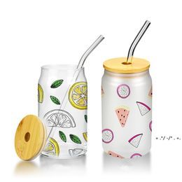 15OZ Sublimation Glass Beer Mugs with Bamboo Lid Straw Tumblers DIY Blanks Frosted Clear Can Cups Heat Transfer Cocktail Iced BBE13262