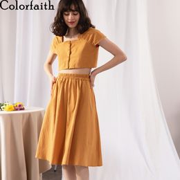 Colorfaith 2020 New Summer Woman 2 Piece Sets Matching Long Skirt High Elastic Waist Single Breasted Vintage Casual Suits WS3803 T200702