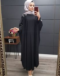 Plus Size Islamic Clothing Muslim Dress Women Dubai Turkish Long Robe Kimono Sequin Ethnic Style Seven-point Sleeve Wild Dresses Y0118