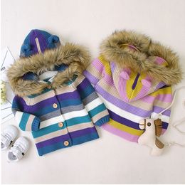 Winter Warm Newborn Baby Sweater Fur Hood Detachable Infant Boys Girl Knitted Cardigan Jackets Fall Outwear Children Knitwear 201030