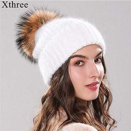 Xthree 70% Angola Rabbit Fur Knitted Hat with Real Pom Skullie Beanie Winter for Women Girl 's Female Cap 211229