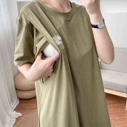 Spring Summer Simple Pure Colour Breastfeeding Dress Long Skirt Short Sleeve Cotton Maternity Dresses Pregnant Women Clothes Tops G220309