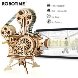 Robotime Retro Diy Hand Crank Film Projector Wooden Model Building Kits Assembly Vitascope Toy Gift for Children Adult LJ200928