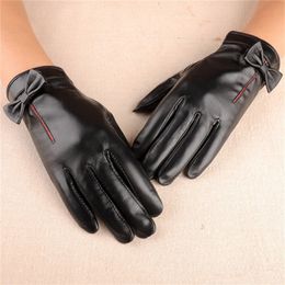 Luxury-Brand Genuine Leather Women Gloves High Quality Winter Driving Gloves Elegant Bowknot Black Lady Sheepskin Glove