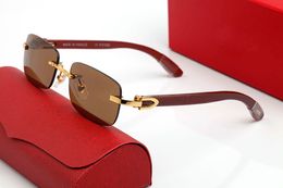Modedesigner-Sonnenbrille, Damenbrille, Strandbrille, Mann-Frau-Brille, rahmenlose Acryllegierung, Holzrahmen, Sonnenbrille, quadratisch, randlose Brille, schwarze Taschen, rotes Etui