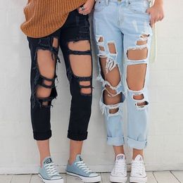 Boyfriend Ripped Mom Jeans For Women High Waist Straight Hole Jeans Streetwear White Black Blue Plus Size Denim Pants 201105