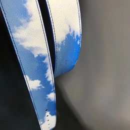 Top best quality blue sky white cloud genuinle leather men belt with box fashion new white buckle men belts men designers belts MP261T