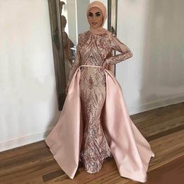 New Sexy Blush Pink Rose Gold Prom Dresses Sequined Lace Long Sleeves Mermaid Sequins Overskirts Detachable Train Evening Dress Party Gowns