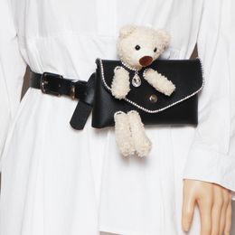 Waist Bags Korean Cute Bear Packs Black Pu Leather Belt With Phone Bag For Women Rhinestone Fanny Pack Female Messenger Bag1