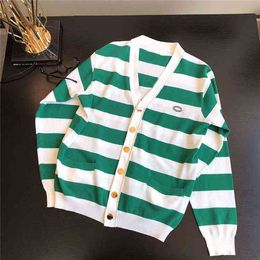 Sweater womens early autumn fashion trend new white green stripe small embroidery cardigan sweater versatile for men and women