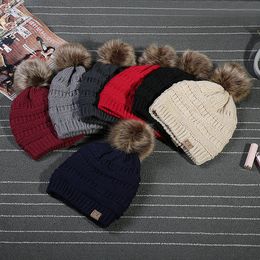 Kids Adults Winter knitted cap Thick Warm Hat For Women Soft Stretch Cable Knitted Pom Poms Womens Hats