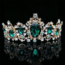 Baroque Vintage Green Royal Tiara Crowns Bride Blue Red Queen Crown Gold Bridal Headband Wedding Tiara For Women Hair Jewelry Y200409