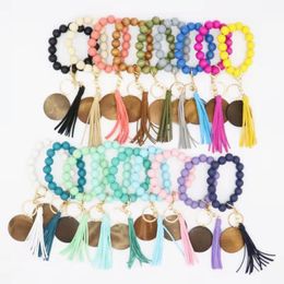 Fashion Wooden Bead Bracelet Party Beech Tassel Keychain Pendant Leather Bracelets Ladies Jewellery Keychains Wood Wrist Disc Wristlet beaded Key Rings