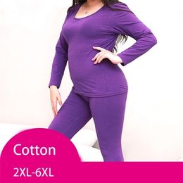 Women autumn winter plus large big size cotton thermal underwear set long johns top and bottoms 2XL-6XL 201113