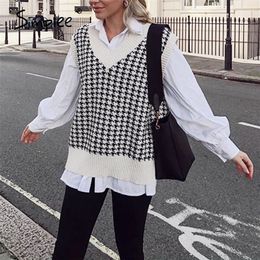 Simplee Houndstooth knitted sweater vest women V neck sleeveless oversized pullover vintage Fall winter female waistcoat sweater 201224