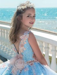 New Sky Blue Ball Gown Girls Pageant Dresses Jewel Lace Appliques Flowers Peplum Kids Formal Prom Toddler First Communion Gowns223S