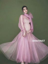 Dvotinst Women Photography Props Maternity Dresses Pink Perspective Mesh Pregnancy Elegant Dress Studio Photoshoot Photo Clothes LJ201123