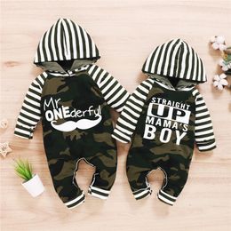 Autumn Clothing For Newborn Baby Boy Girl Camo Romper Striped Spring Long Sleeve Hooded Jumpsuit Baby Letter Rompers Outfits 201029