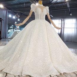 Princess Wedding Dresse High-neck Short-sleeves Sequins race Satin Wedding Dress Custom Made Crystle Vestidos De Novia Real picture