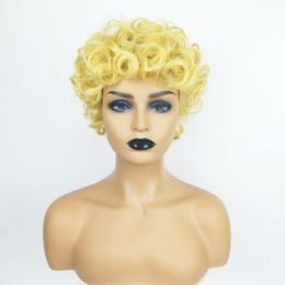 Short Curly Blonde Synthetic Wig with Bangs Simulation Human Hair Wigs Hairpieces for Black & White Women K07