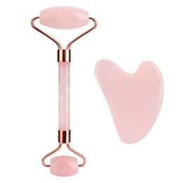 Massage Stones Natural Rose Quartz Roller and Gua Sha 2-In-1 Stone Face Massager Kit Beauty Facial Roller Anti Aging & Wrinkles