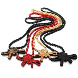 Newest Hip Hop Wood Submachine Gun Pendant Necklace Long Chain Bead Male Necklaces Accessories For Men Women Jewellery