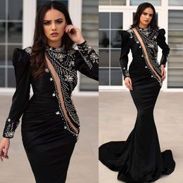 Major Beading Black Mermaid Evening Dresses High Collar Long Sleeve Crystal Beading Prom Gowns Mermaid Formal Runway Fashion Party Dress